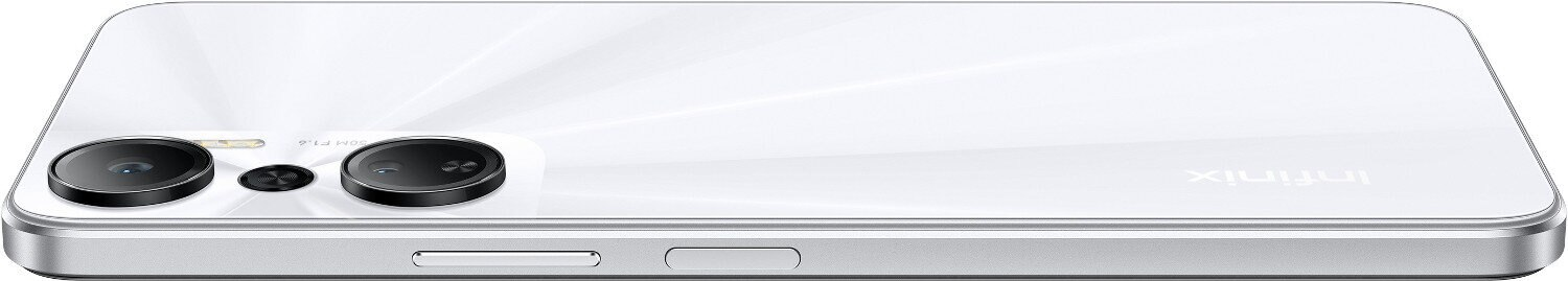 Biały smartfon z dwoma tylnymi aparatami, zbliżenie, widok z góry.