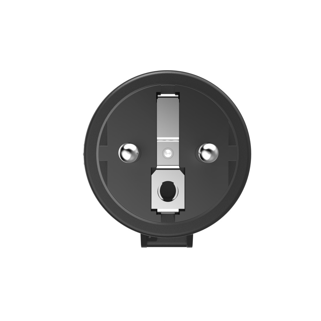 Ein schwarzer Netzstecker mit einem silbernen Metallteil und zwei silbernen Stiften.