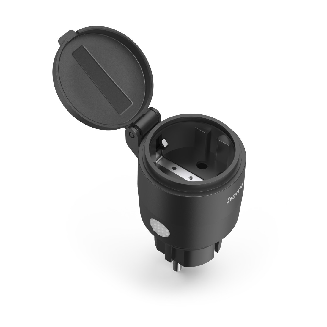 Ein schwarzes Elektrogerät mit offenem Deckel. Es hat einen Stecker und einen Schneidmechanismus im Inneren.