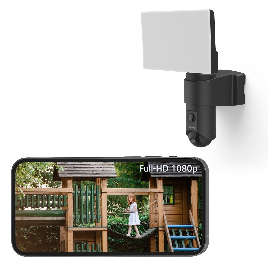 Eine smarte Sicherheitskamera, die ein Mädchen auf einem Spielplatz zeigt, mit weißem Lichtpanel.