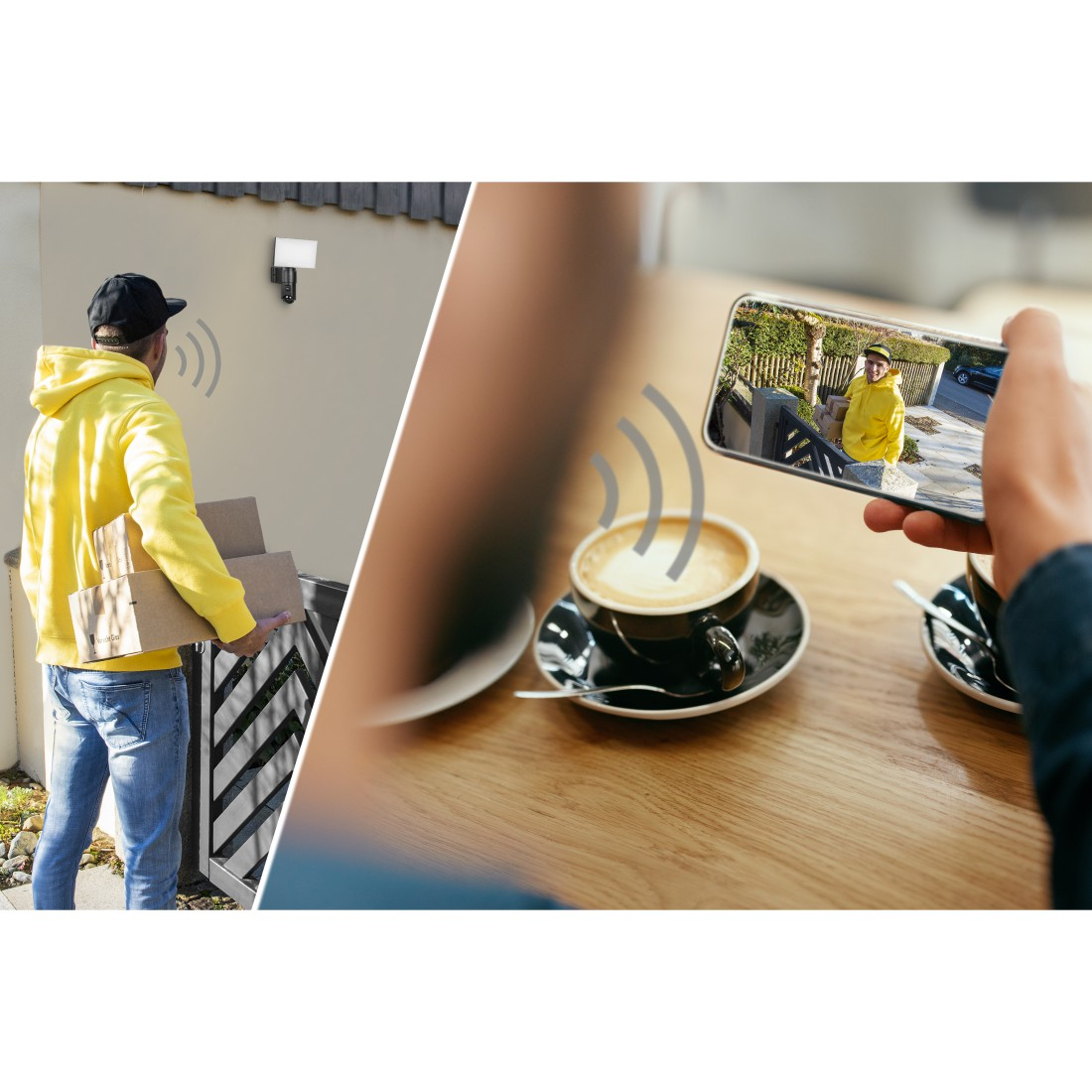Zweiteiliges Bild. Mann mit Kartons und Telefon mit Person im Café.