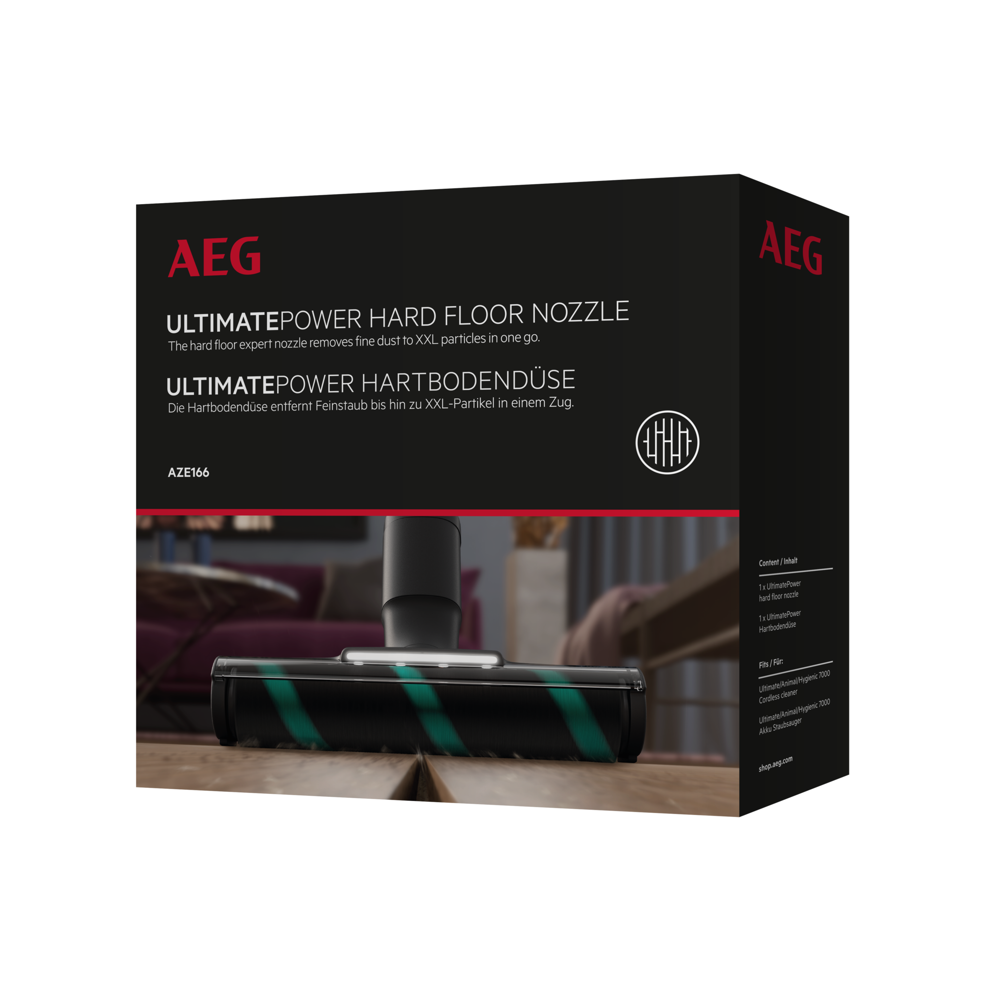 Eine schwarz-rote Schachtel mit AEG-Branding und Staubsaugerteilen darin.