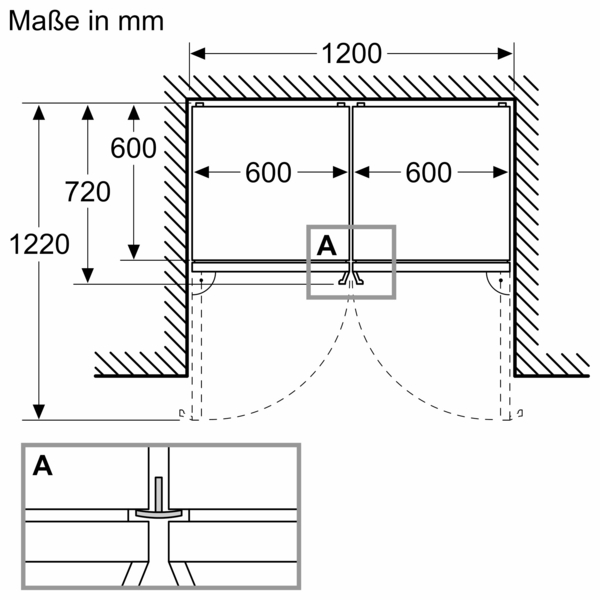 Diagramm eines Schranks mit Abmessungen in mm. Es hat zwei Türen. Detail der Türscharniere ist gezeigt.