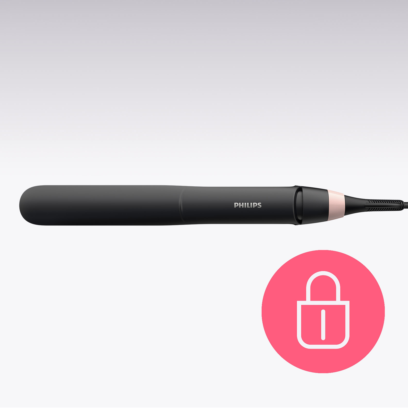 Un moldeador de cabello Philips negro con un acento rosa y un icono de candado en un círculo rosa.