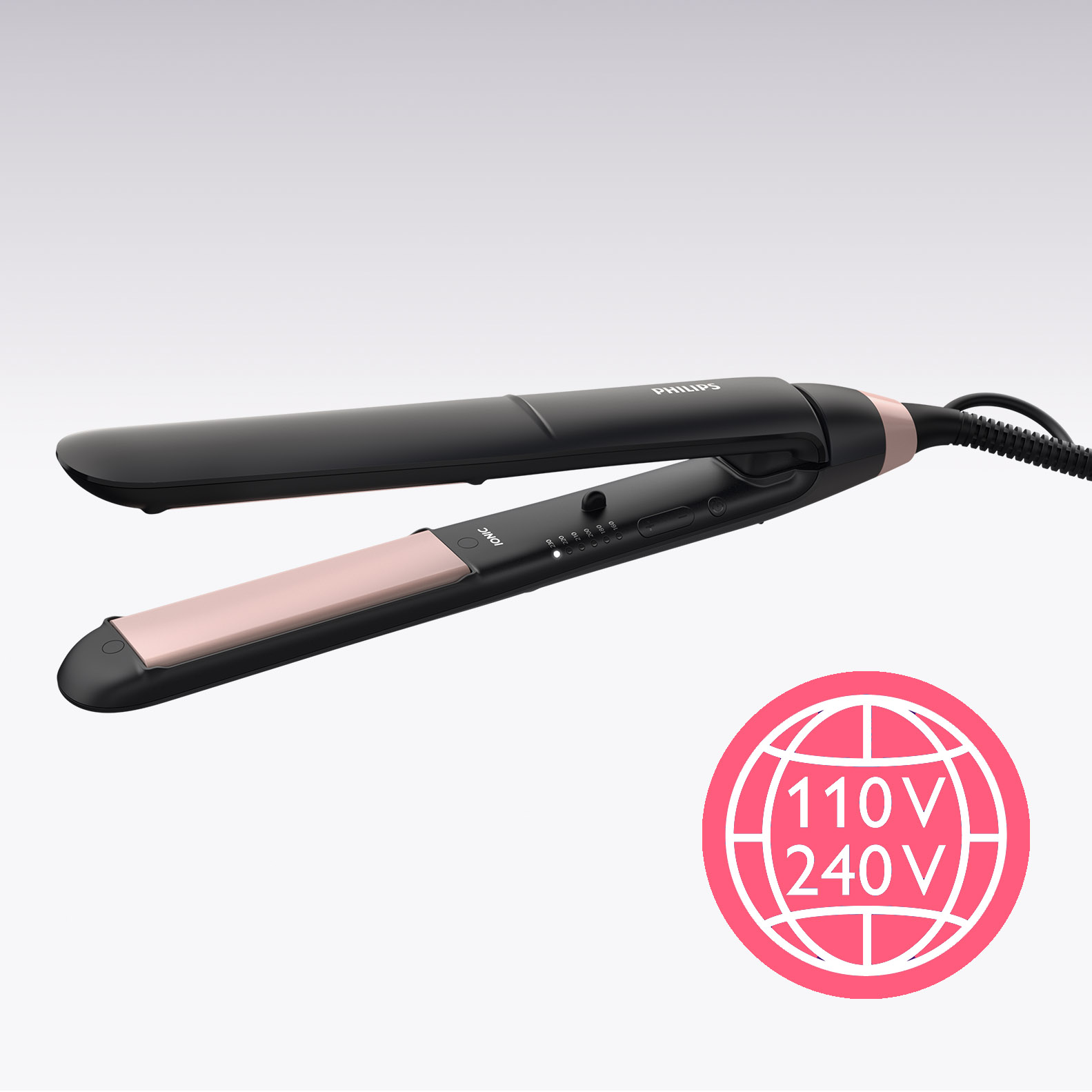 Plancha de pelo negra y rosa. La marca Philips es visible en el dispositivo.