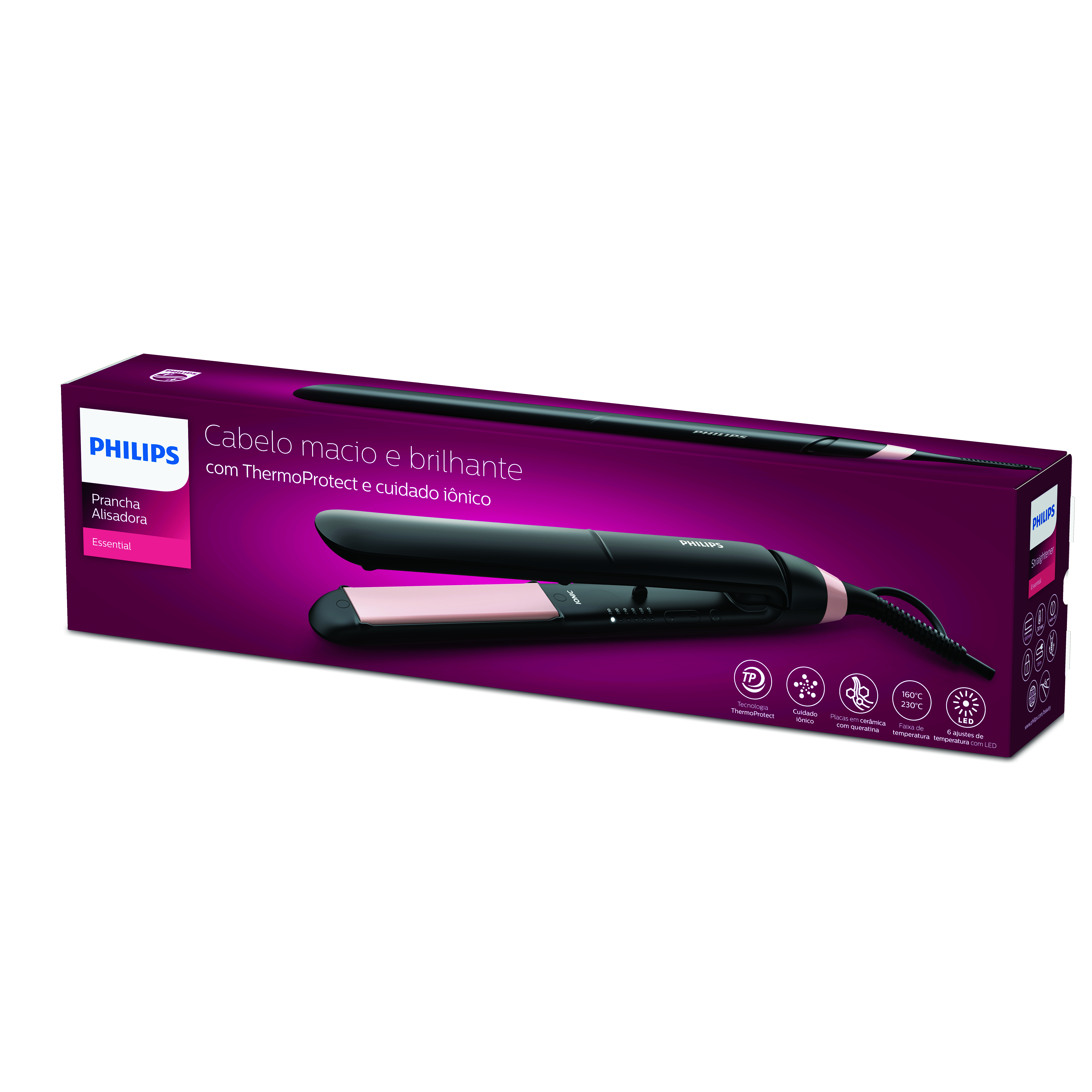 Una plancha de pelo Philips está en una caja. La caja es rosa y negra con texto.