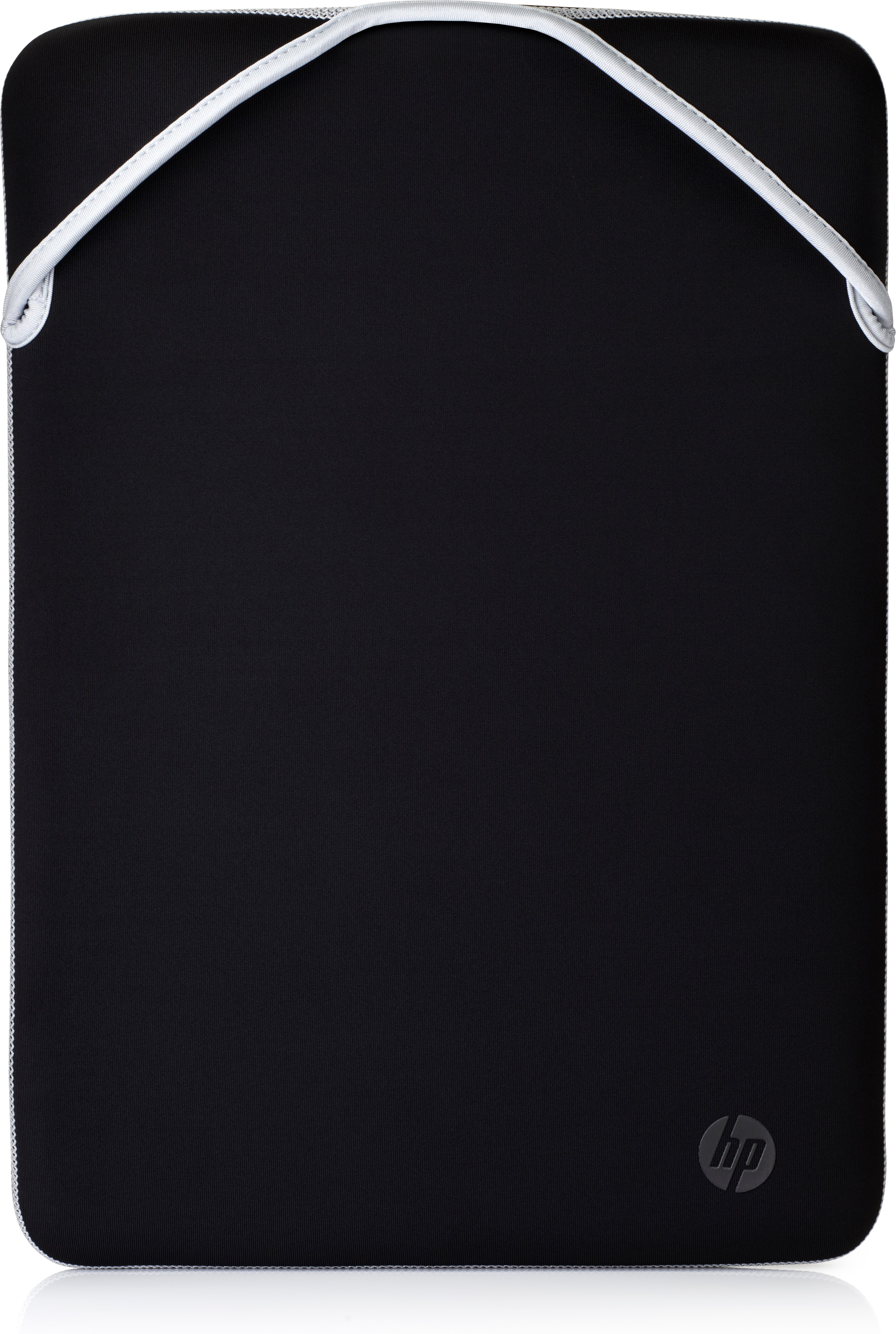 Black laptop sleeve with white trim. HP logo on the bottom right.