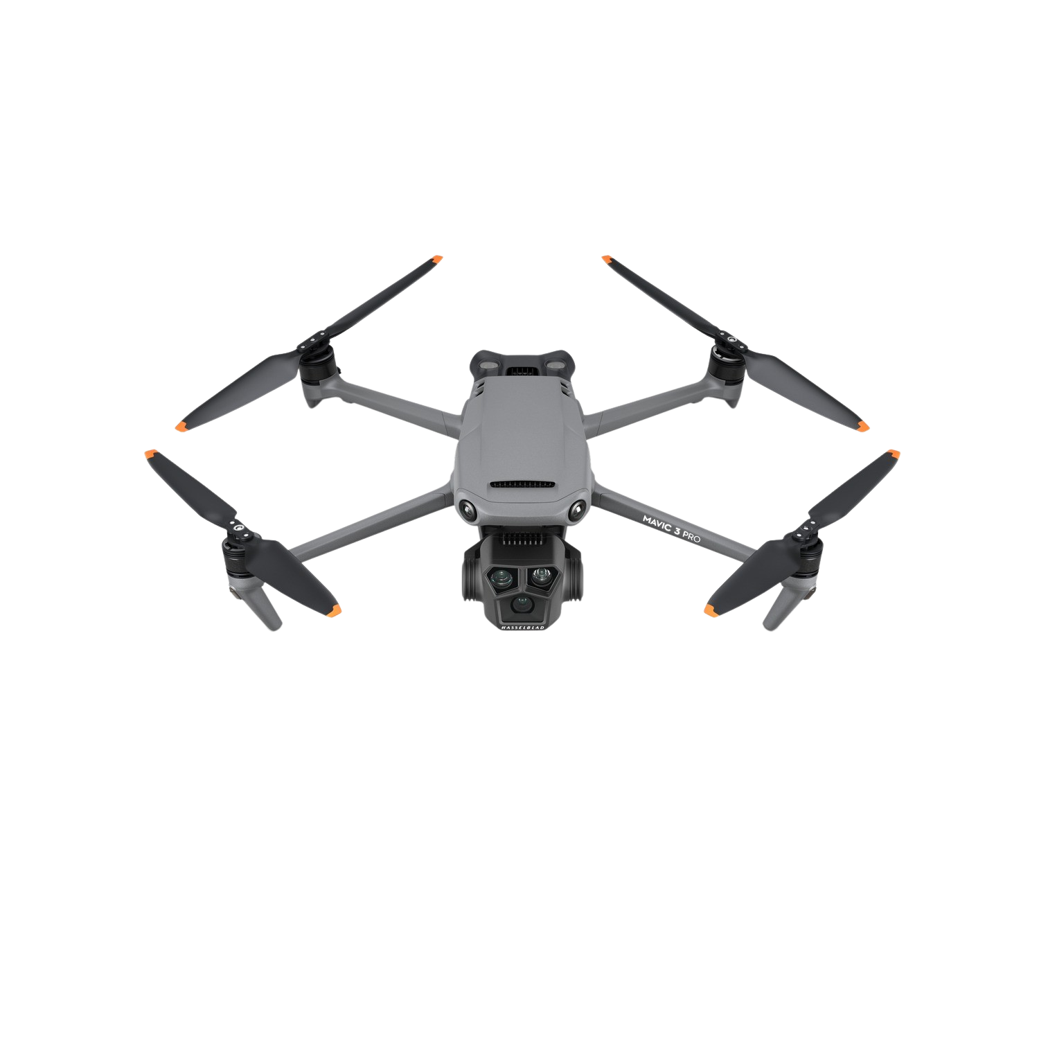Een grijze drone met vier propellers tegen een zwarte achtergrond. Oranje punten.