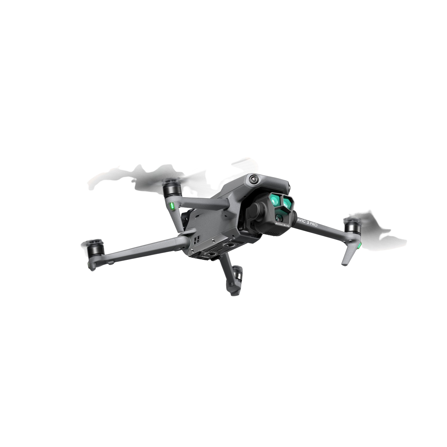 Een grijze drone met vier propellers wordt afgebeeld tegen een zwarte achtergrond, iets omhoog gekanteld.