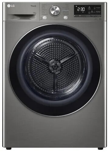 Pralka LG, ciemnoszara z okrągłymi drzwiami. Posiada panel sterowania i wyświetlacz cyfrowy.