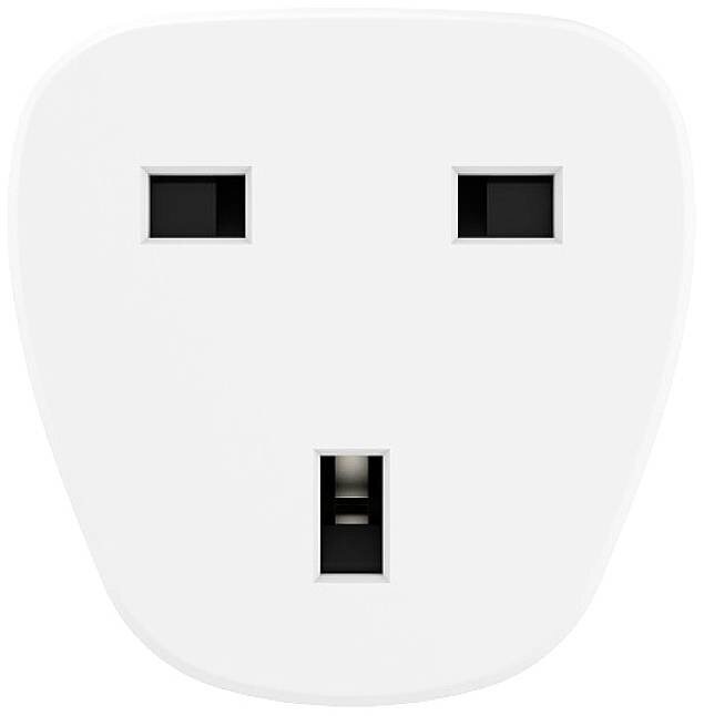 Biała wtyczka z trzema prostokątnymi otworami do zasilania w Wielkiej Brytanii.