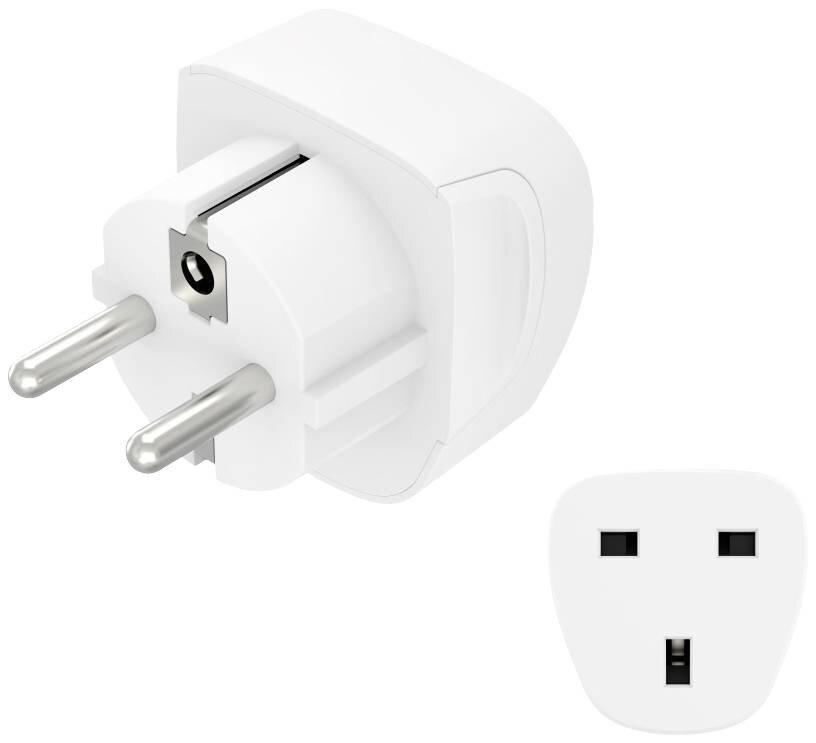 Biała przejściówka z dwoma bolcami i bolcem uziemiającym. Obok druga wtyczka.