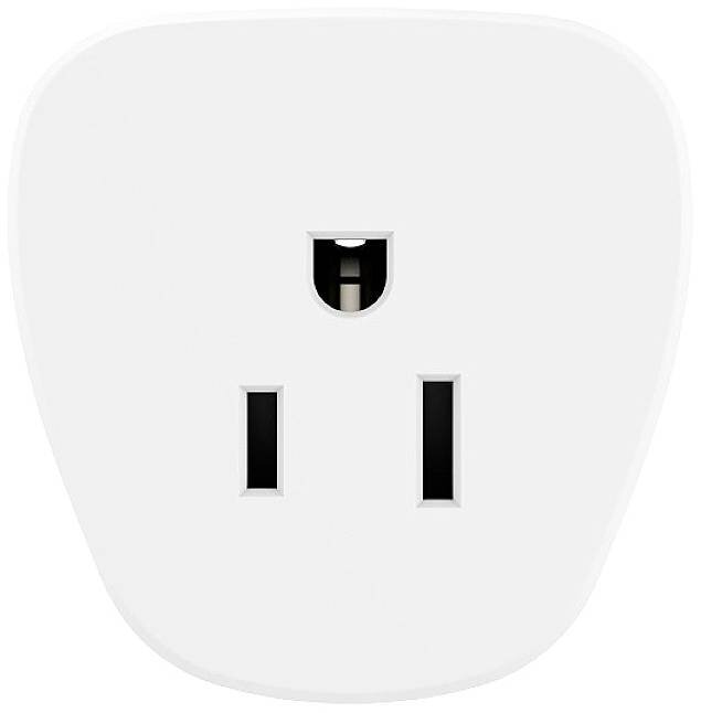 Biała inteligentna wtyczka z trzema otworami. Ma zakrzywioną górę i zaokrąglone dno.