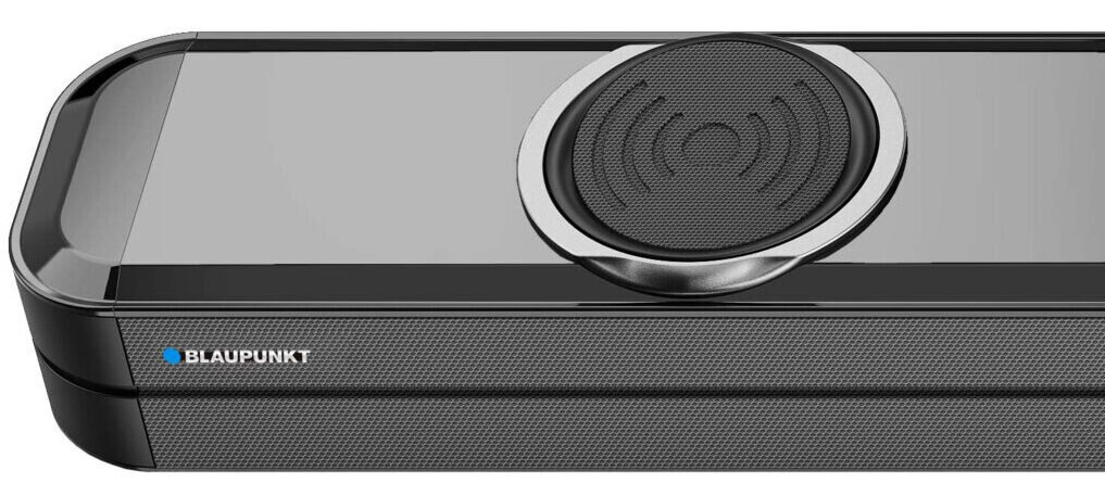 Czarny i srebrny soundbar Blaupunkt. Ma okrągły głośnik na górze i teksturowany panel przedni.