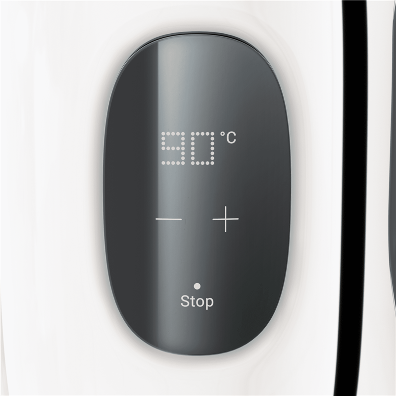 Egy fekete vezérlőpanel 90 Celsius-fokos digitális kijelzőt mutat, plusz és mínusz gombokkal.