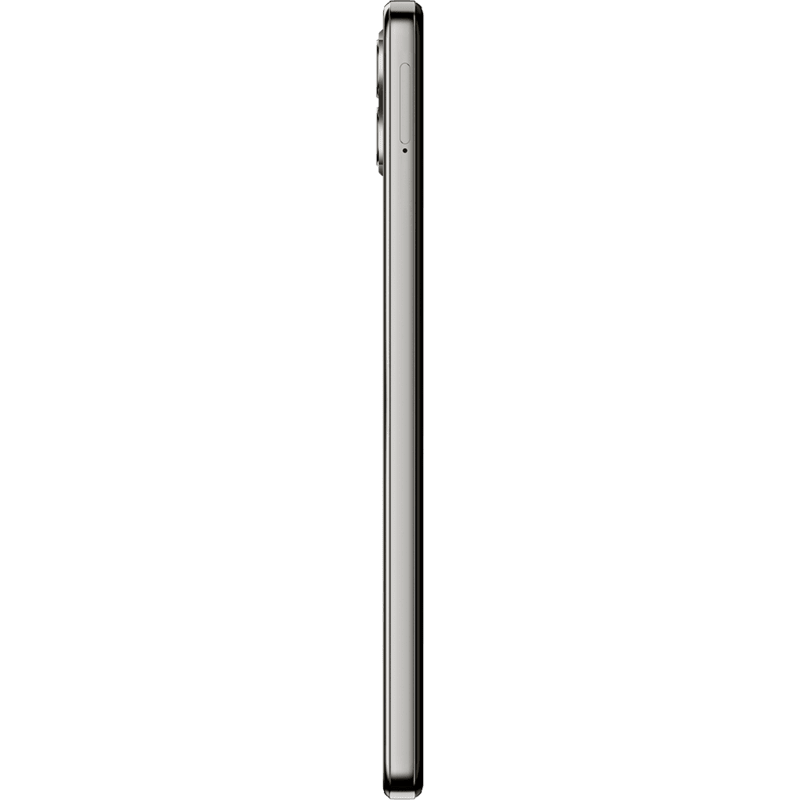 Siyah bir arka plan üzerinde gümüş renkli bir akıllı telefonun yan görünümü.