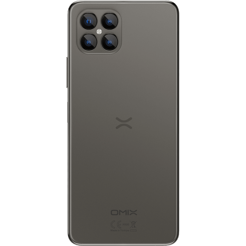 Dört kameralı, logo ve arka yüzünde "OMIX" yazan gri akıllı telefon.