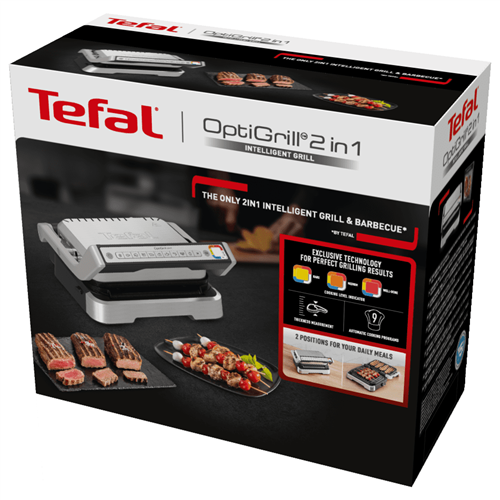 Tefal OptiGrill doboz, grillt és grillezett ételeket mutat. A szöveg a grillezési funkciókat írja le.