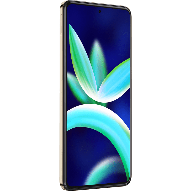 Altın çerçeveli telefon, koyu mavi zemin üzerinde soyut yeşil ve mavi şekiller gösteren bir ekranla.