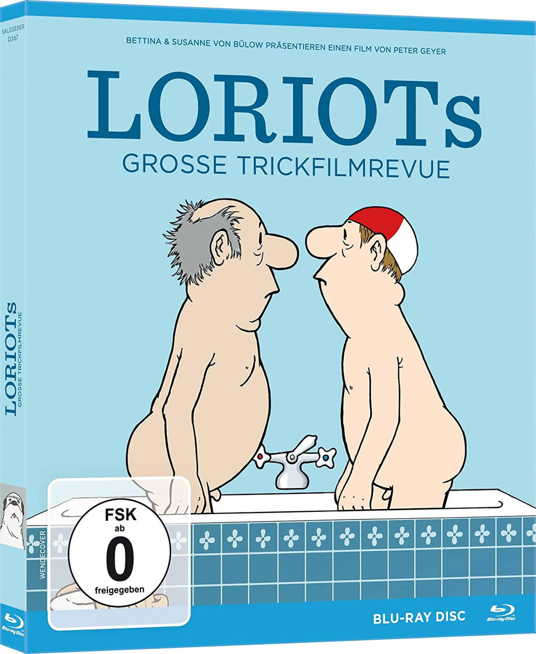 Blu-ray-Hülle mit Cartoonfiguren in Badewanne. Text „Loriots“. Blaue Farbe.