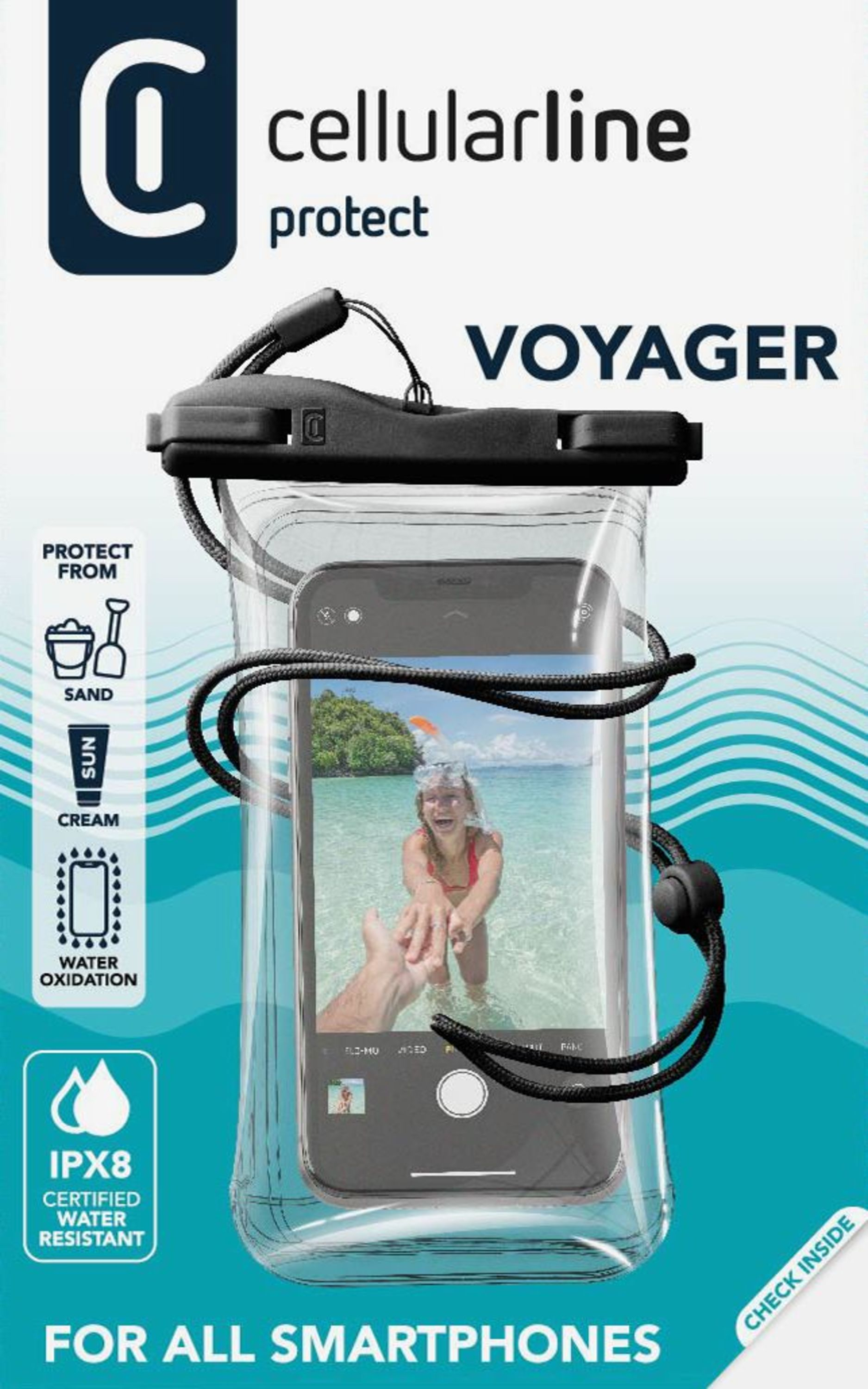Transparente, wasserdichte Handyhülle mit Smartphone darin, Strandmotiv.