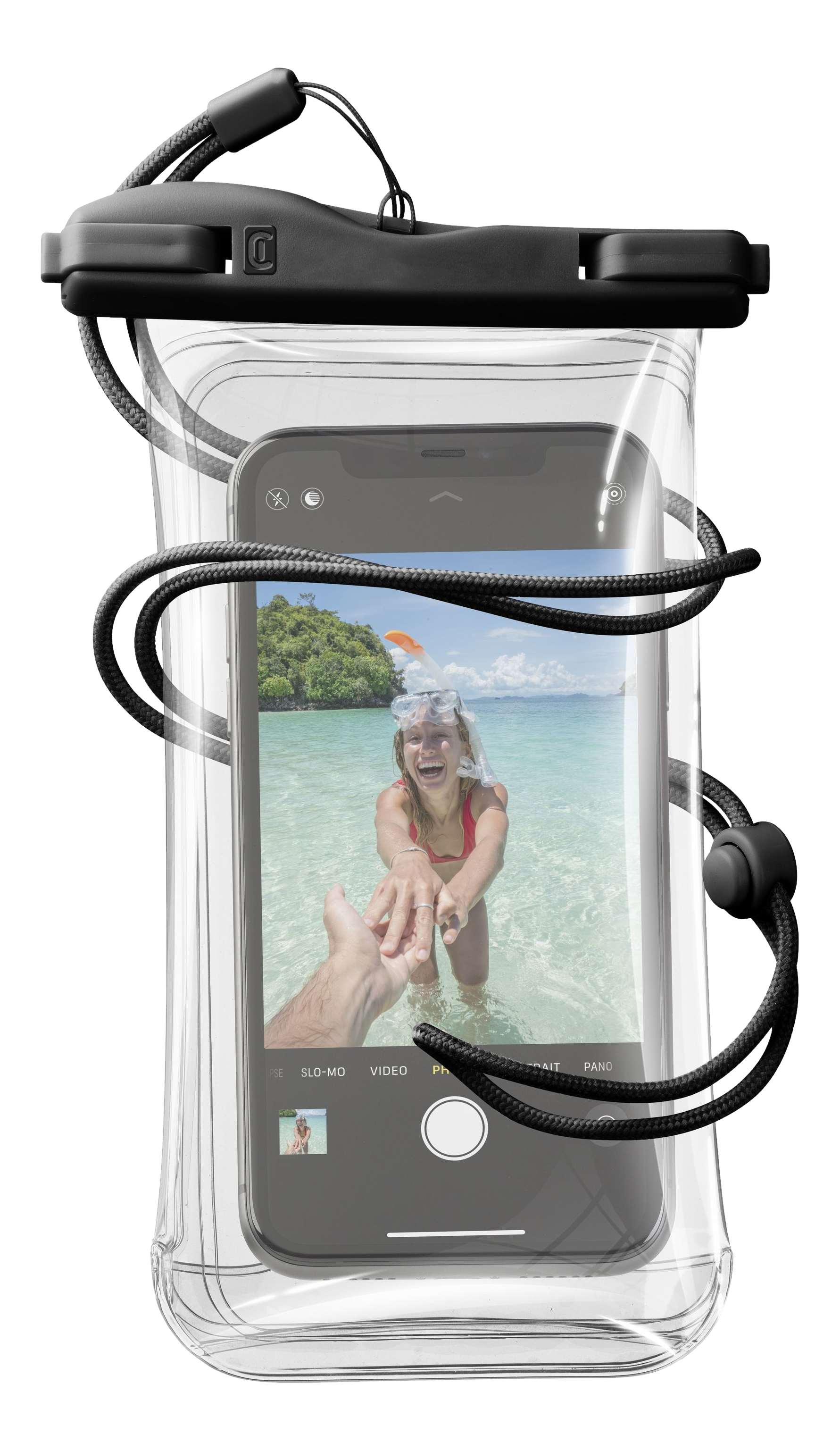 Ein Smartphone in einer wasserdichten Hülle mit einer Person, die eine Person im Wasser fotografiert.