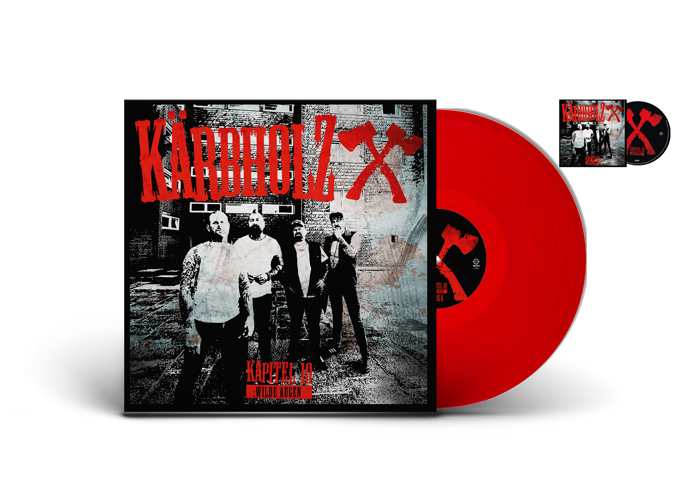 Albumcover mit Band, einer roten Vinyl-Schallplatte und einer CD. Das Cover zeigt ein Bandfoto und Logo mit Äxten.