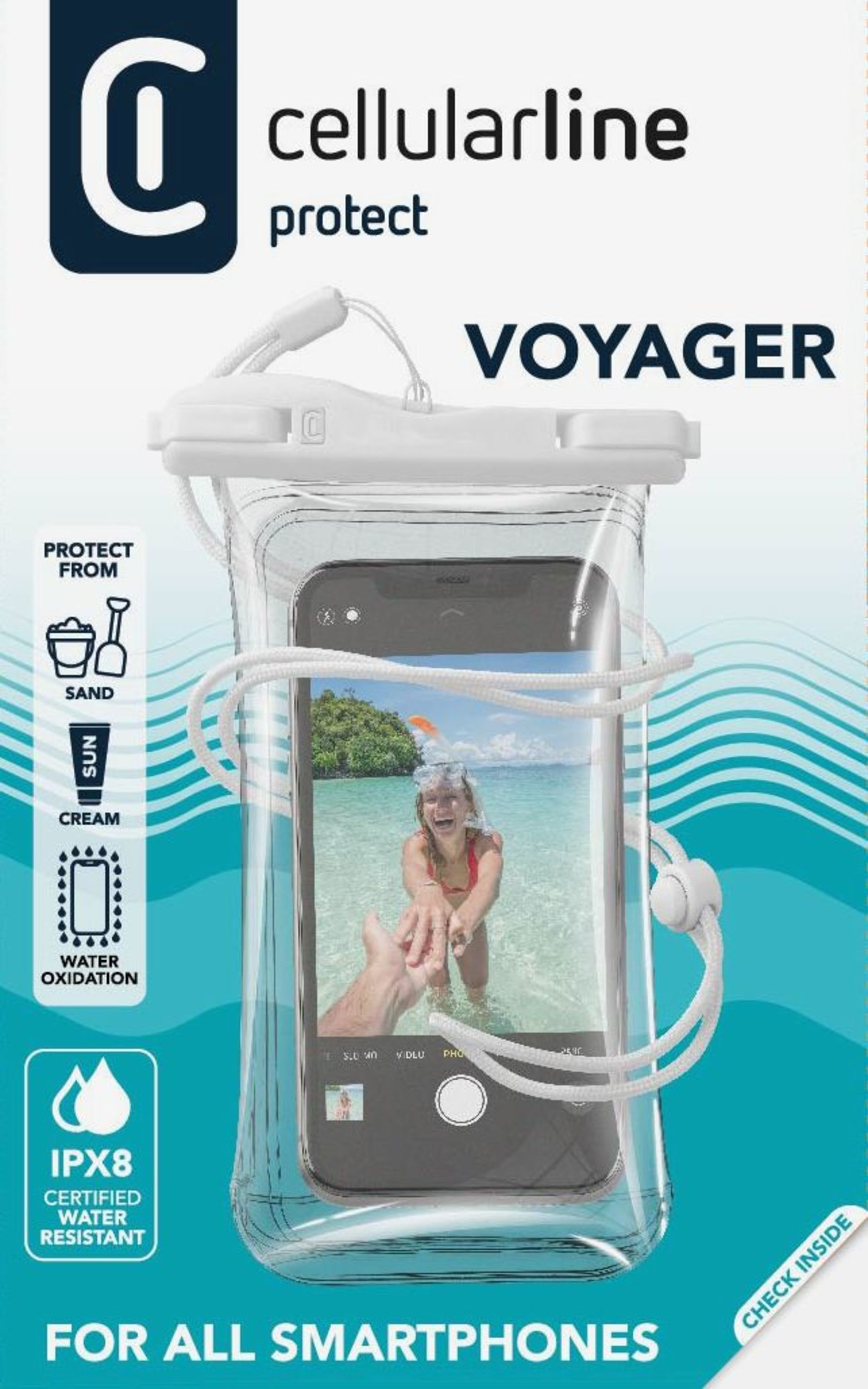 Smartphone dans un étui étanche transparent avec une sangle. Texte en façade.