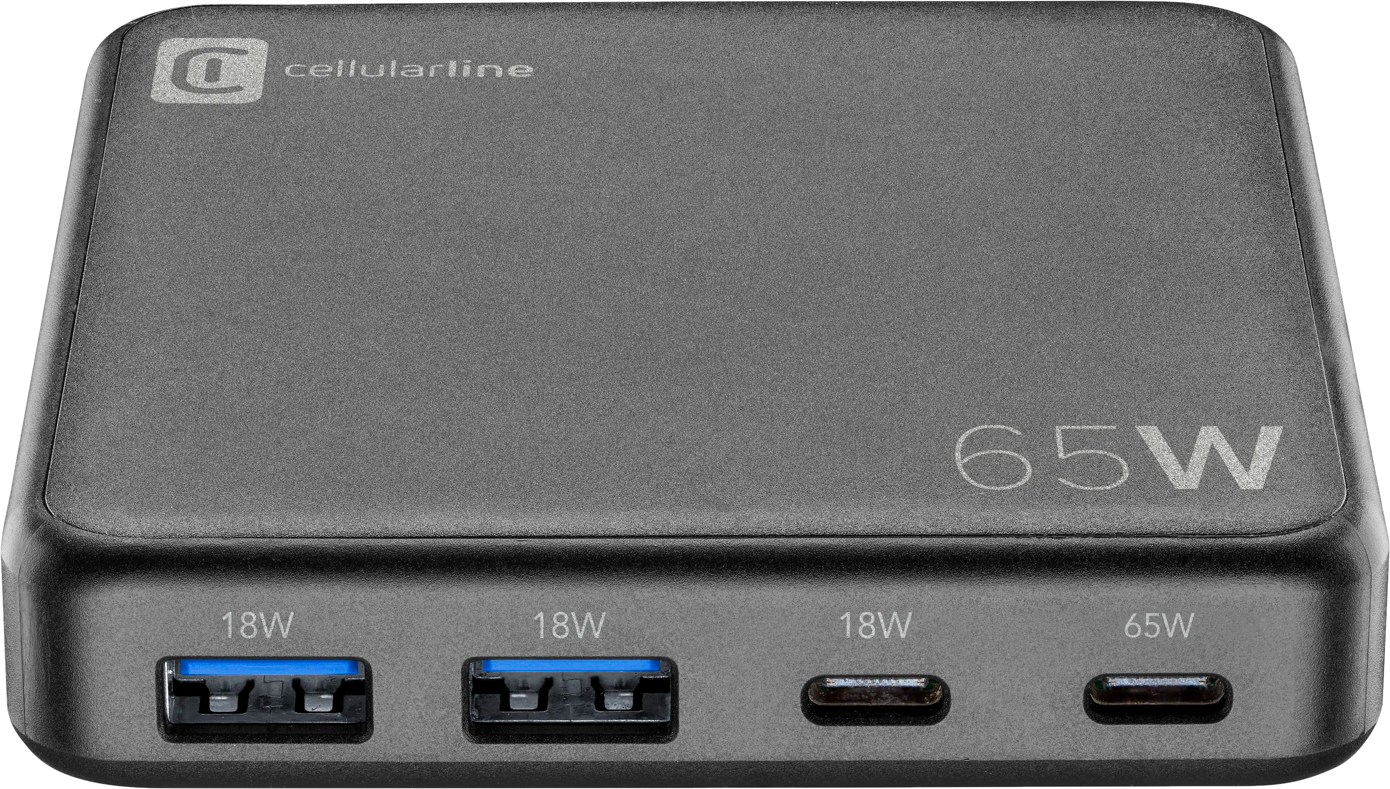 Dunkelgraues Cellularline-Ladegerät mit 65 W Leistung und mehreren USB-Anschlüssen.