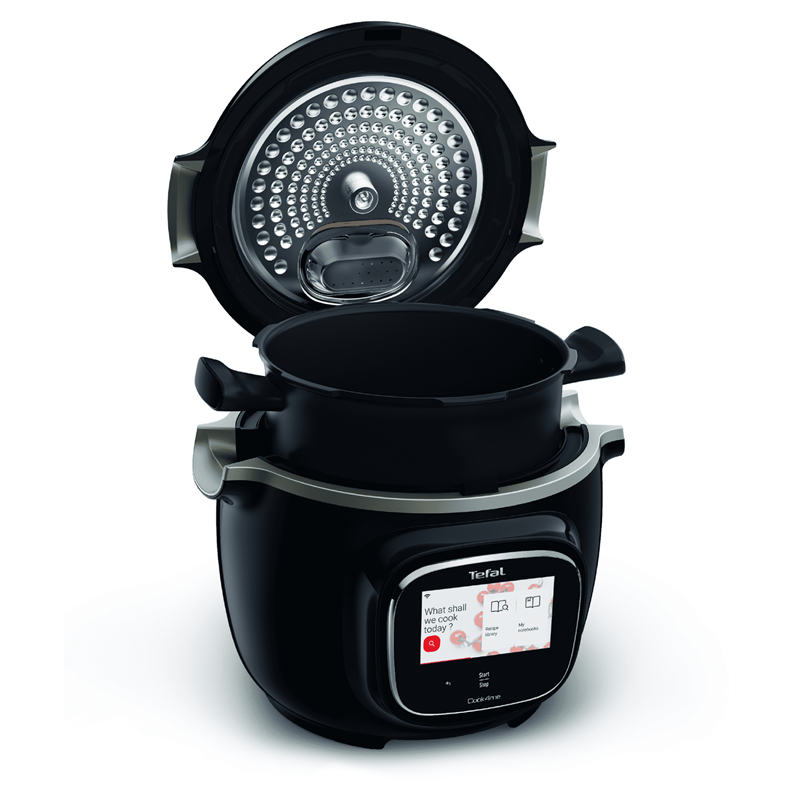 Egy nyitott fekete Tefal Cook4me multifőző. A belső edény látható. A képernyőn főzési lehetőségek láthatók.
