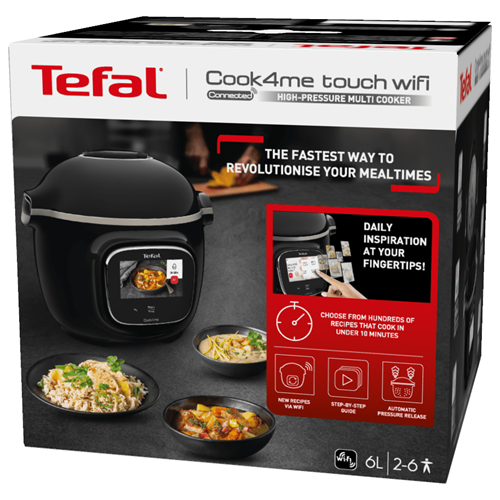Tefal Cook4me touch wifi multikuktásza dobozban, ételképekkel.