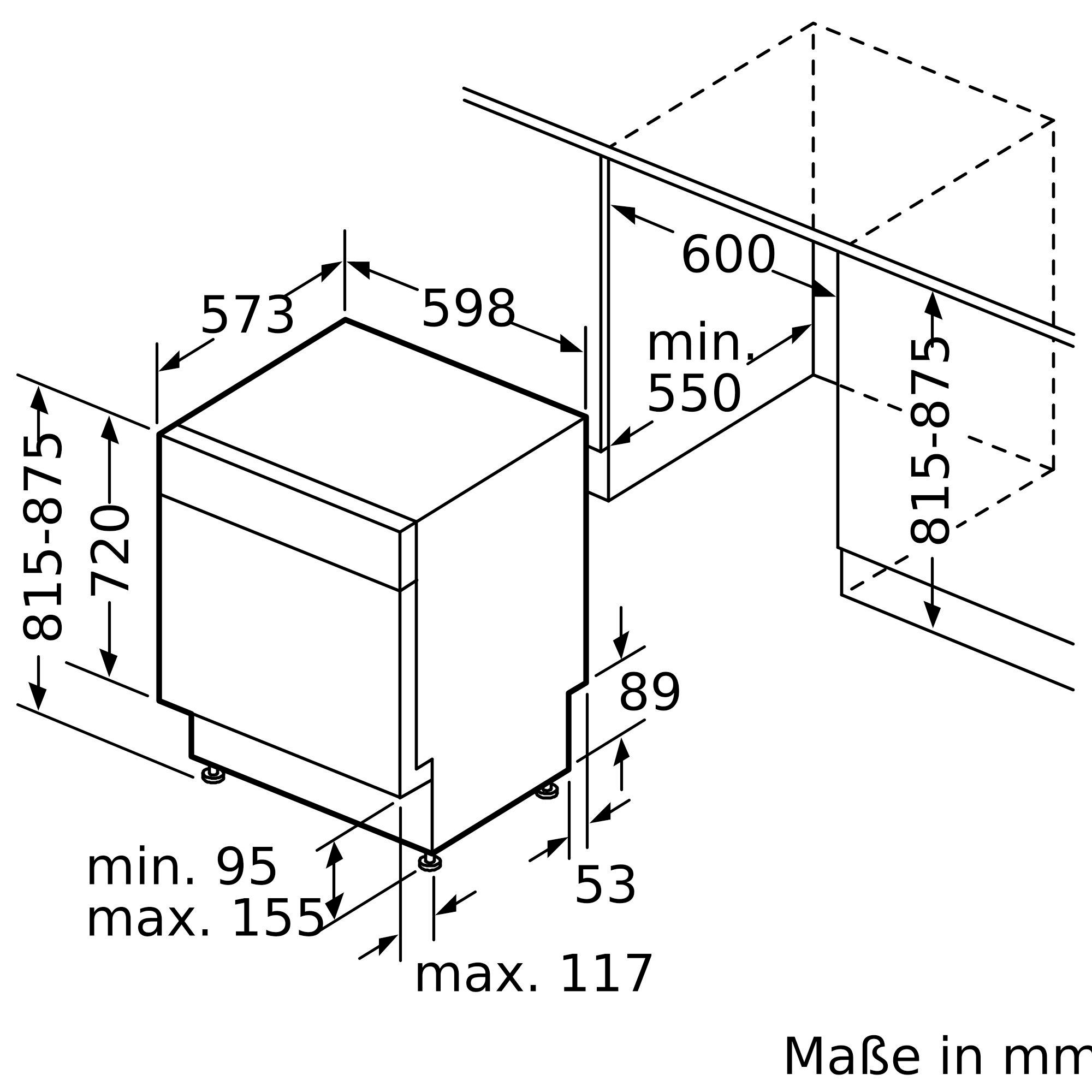 Ein Diagramm mit einem Geschirrspüler mit Maßen und Abmessungen in Millimetern.