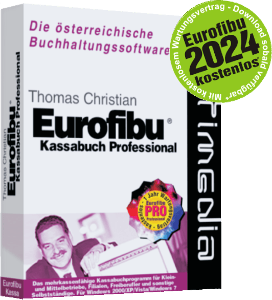 Softwarebox mit Text und einem Bild eines Mannes, mit grünem Werbeetikett.