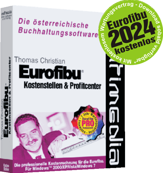 Box der Buchhaltungssoftware, weiß und lila, mit grünem Kreis und Porträt eines Mannes.