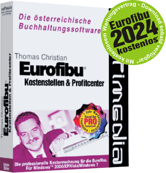 Softwarebox mit einem Männergesicht und dem Text 'Eurofibu'. Die Box ist weiß und lila mit einem grünen Aufkleber.