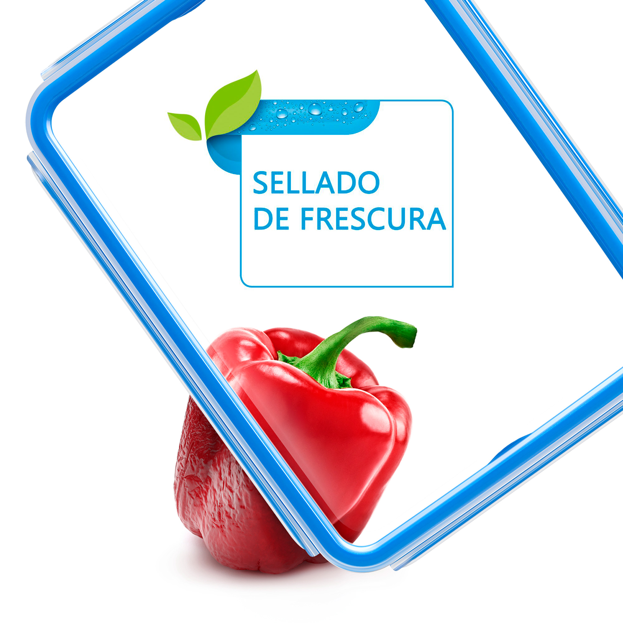 Pimiento rojo dentro de un recipiente transparente con marco azul y fondo blanco.
