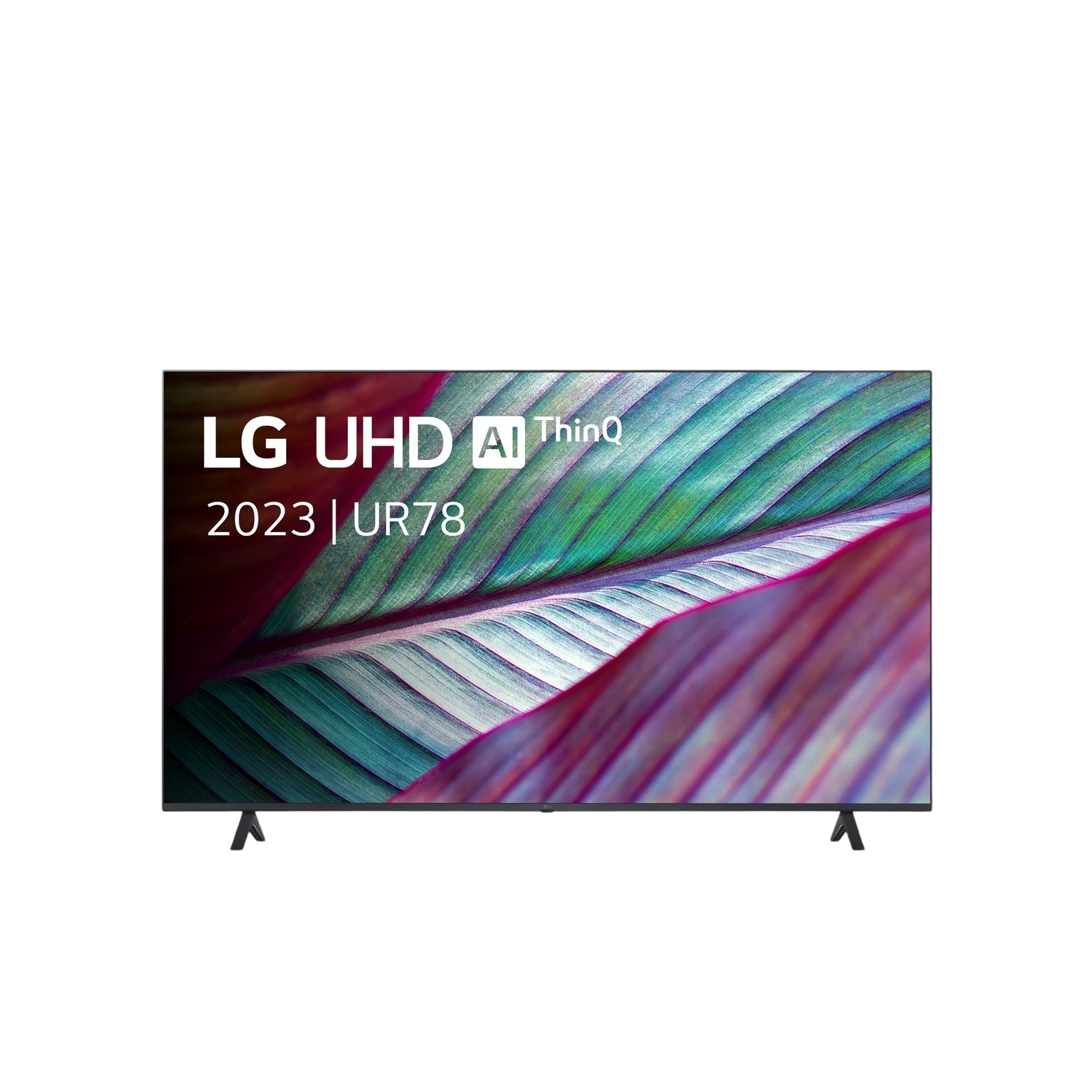 LG UHD 2023 UR78 tv-scherm met bladeren in rode en groene kleuren.