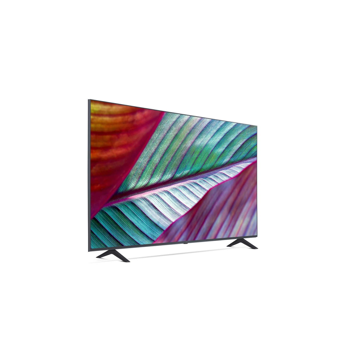 Een groot tv-scherm met een kleurrijk bladerenpatroon, op een witte achtergrond.