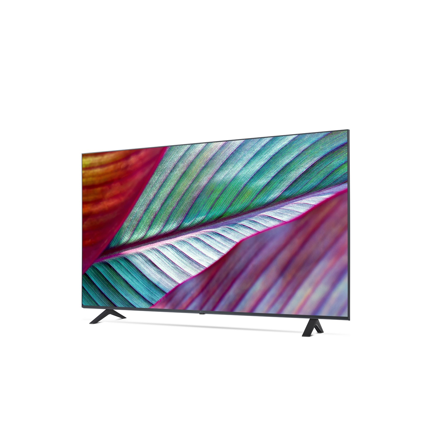 Een grote flatscreen tv toont een kleurrijke abstracte afbeelding van een blad. De tv staat op een standaard.