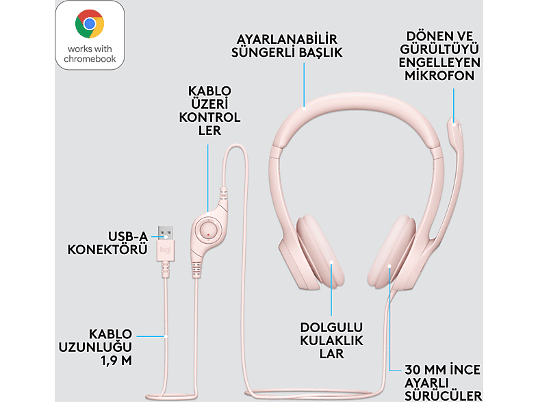 LOGITECH H390 USB Gürültü Önleyici Mikrofonlu Kulaklık - Pembe_5