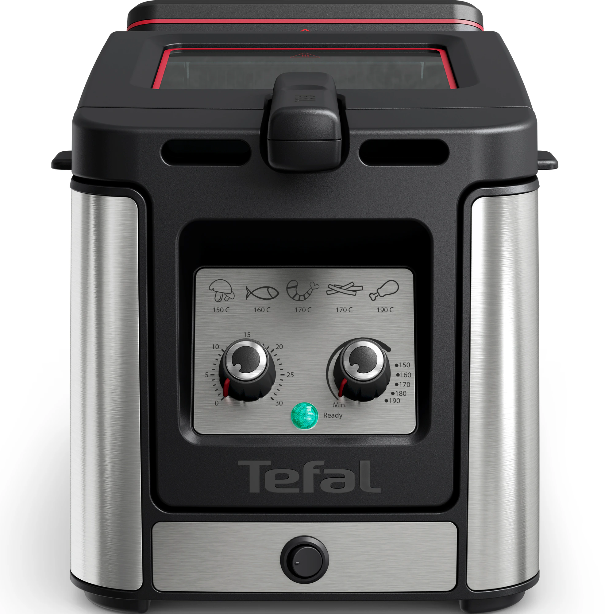 Egy Tefal fritőz, fekete és ezüst. Két hőmérséklet-szabályozóval és egy jelzőfénnyel rendelkezik.