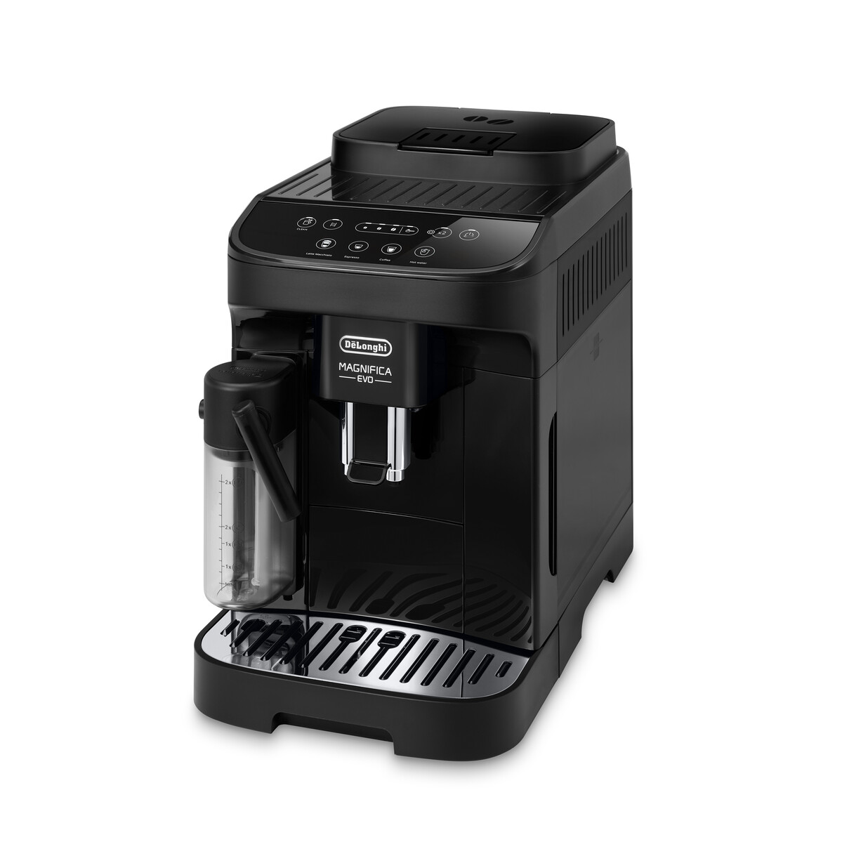Fekete DeLonghi Magnifica Evo kávéfőző fehér háttéren.