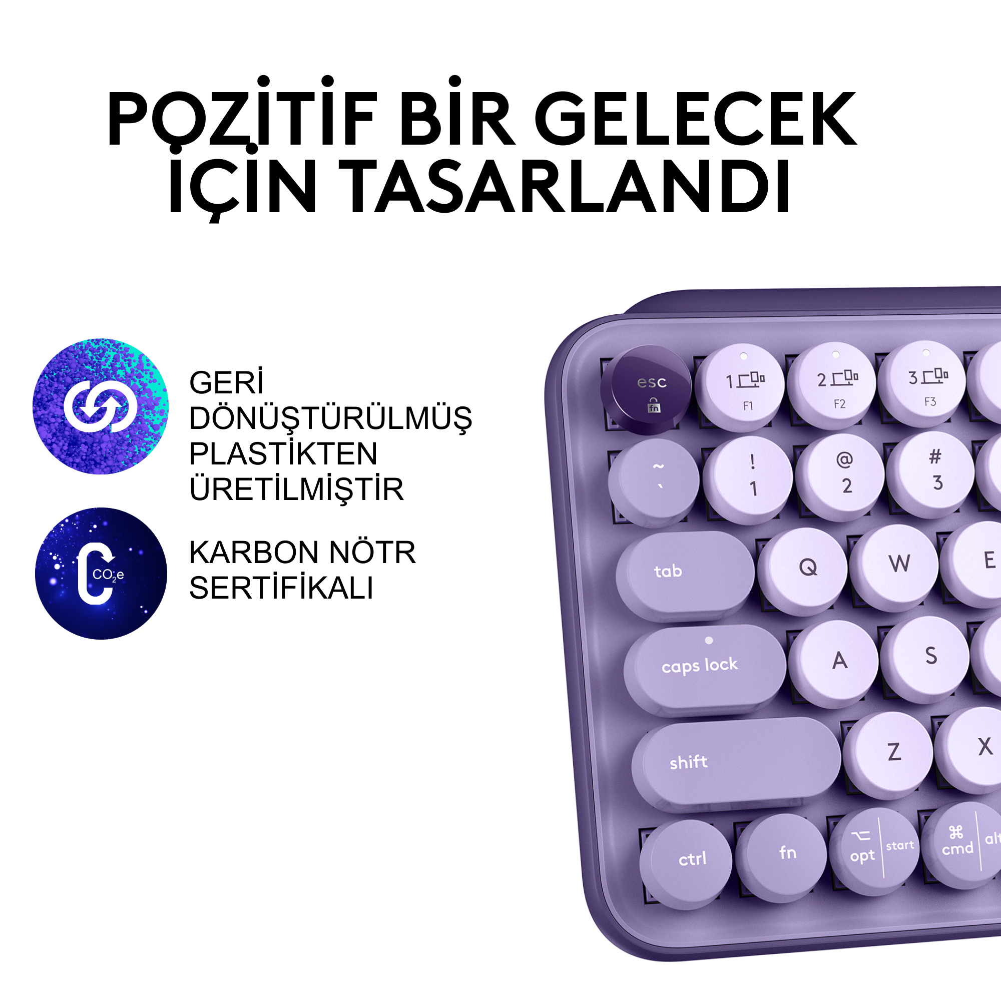 Beyaz tuşlu mor bir klavye. Klavye, yuvarlak tuş tasarımına sahip.