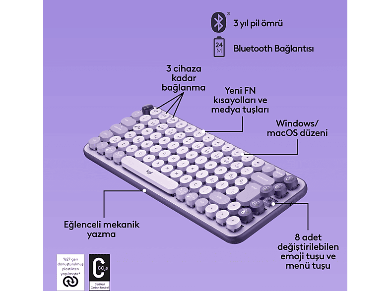 LOGITECH POP Keys Cosmos Özelleştirilebilir Emoji Tuşlu Mekanik Kablosuz Türkçe Klavye - Lila_5