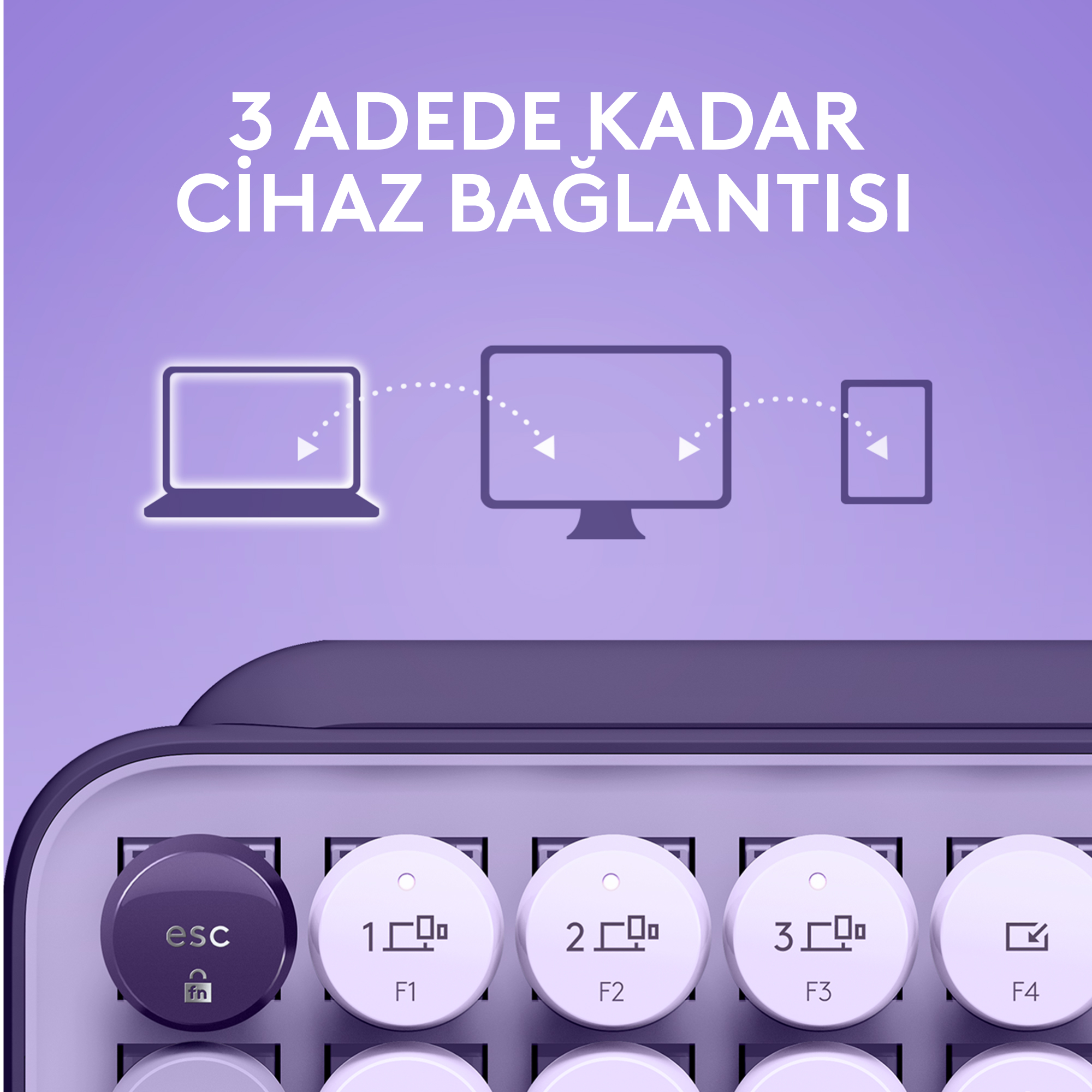 Birden fazla cihaz için bağlantı düğmeleri olan bir klavyenin yakın çekimi.