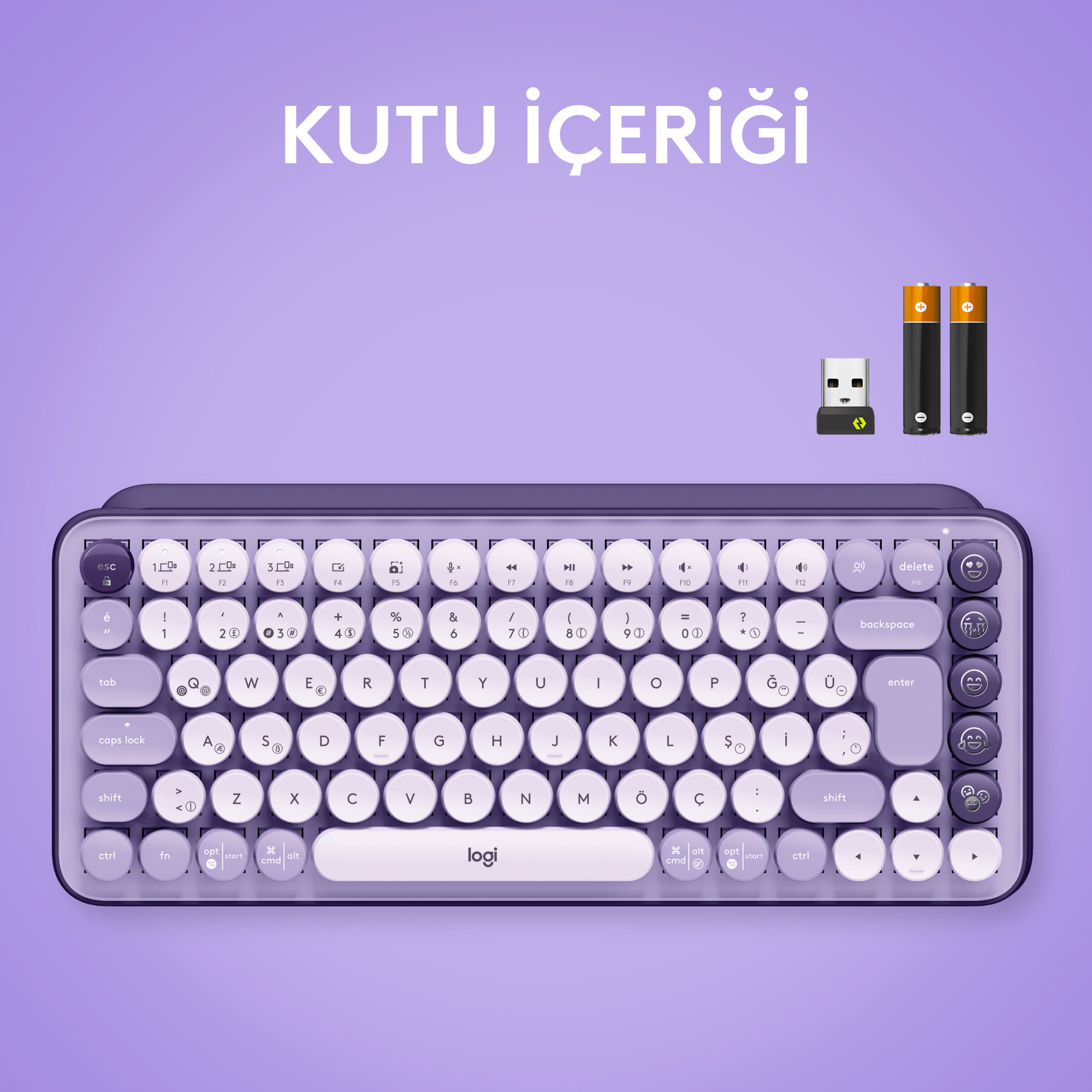Yuvarlak tuşlu klavye, bir dongle ve piller mor bir yüzeyde.