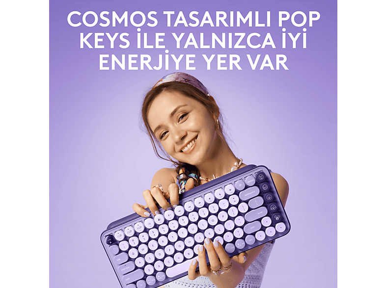 LOGITECH POP Keys Cosmos Özelleştirilebilir Emoji Tuşlu Mekanik Kablosuz Türkçe Klavye - Lila_1