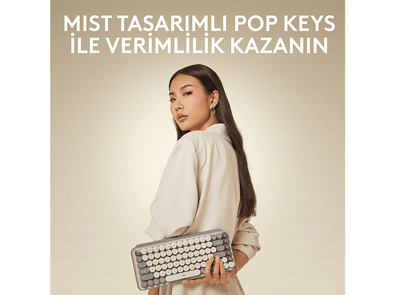 LOGITECH POP Keys Mist Özelleştirilebilir Emoji Tuşlu Mekanik Kablosuz Türkçe Klavye - Bej_1