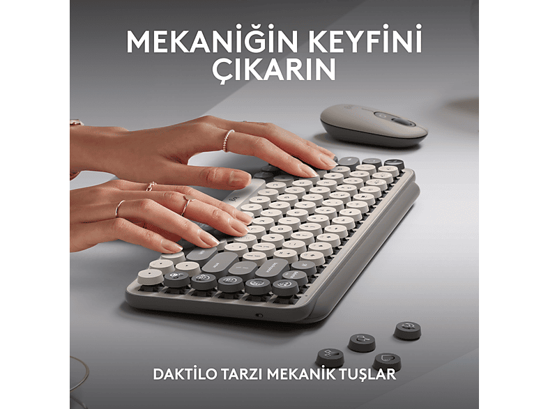 LOGITECH POP Keys Mist Özelleştirilebilir Emoji Tuşlu Mekanik Kablosuz Türkçe Klavye - Bej_3