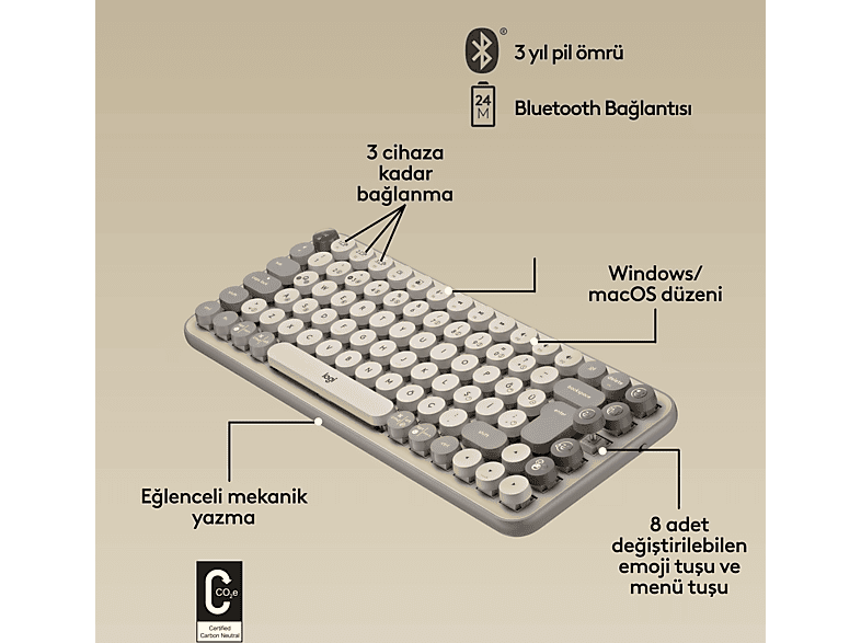 LOGITECH POP Keys Mist Özelleştirilebilir Emoji Tuşlu Mekanik Kablosuz Türkçe Klavye - Bej_5